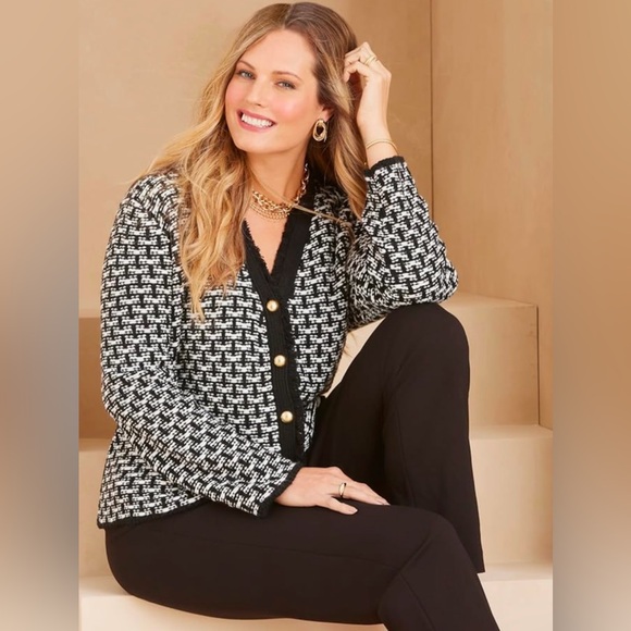NEW Tahari Cotton Blend Shoulder Padded Tweed Contrast Cardigan Sweater - Picture 1 of 11